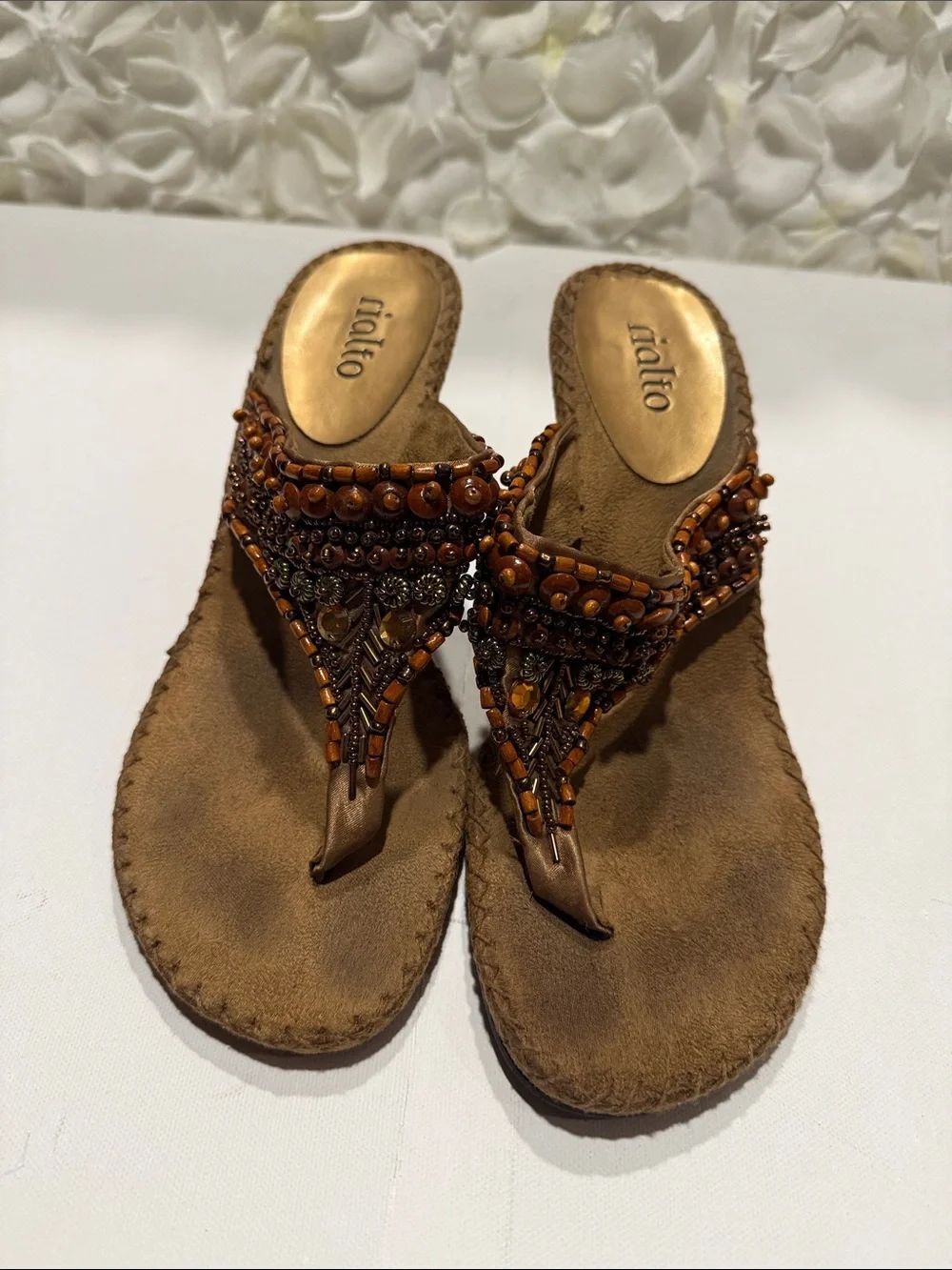 Rialto Brown Beaded Thong Sandals with Amber Accents